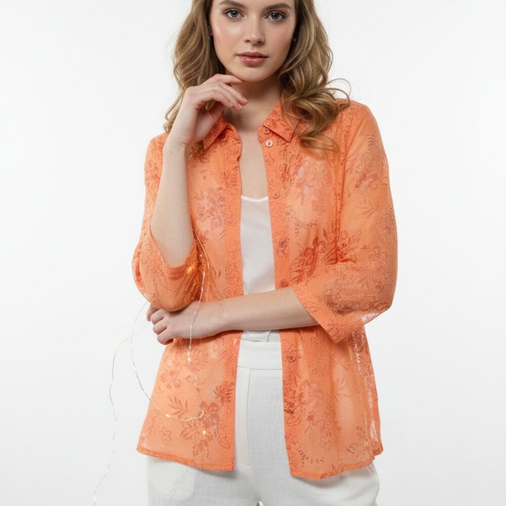 Salon Studio Blouse Orange Burnout Floral Sheer Beach Tropical L